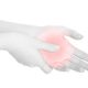 Woman hand touching with thumb the painful red palm isolated on